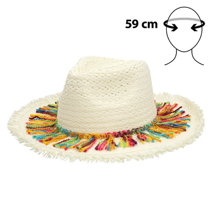 Chapeau Cowboy Blanc Paille - Bord Frangé Multicolore 59cm