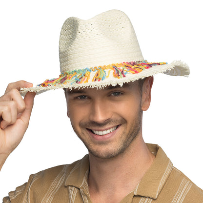 Chapeau Cowboy Blanc Paille - Bord Frangé Multicolore 59cm