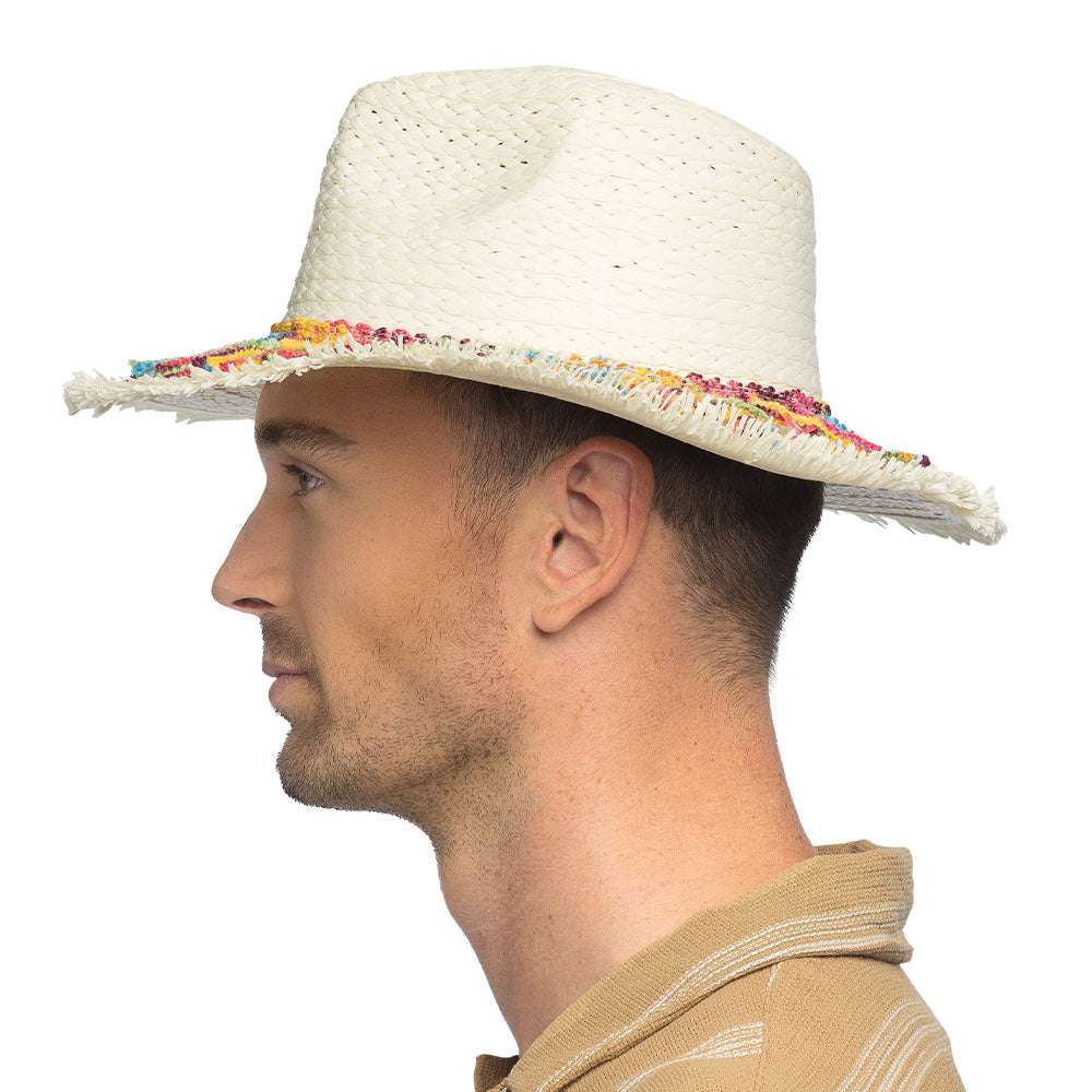 Chapeau Cowboy Blanc Paille - Bord Frangé Multicolore 59cm