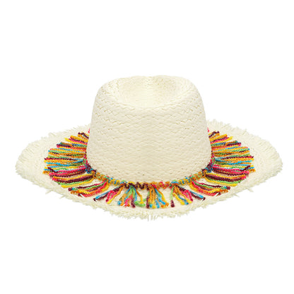 Chapeau Cowboy Blanc Paille - Bord Frangé Multicolore 59cm