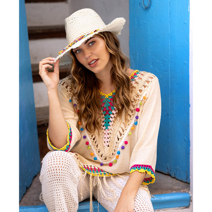 Chapeau Cowboy Blanc Paille - Bord Frangé Multicolore 59cm