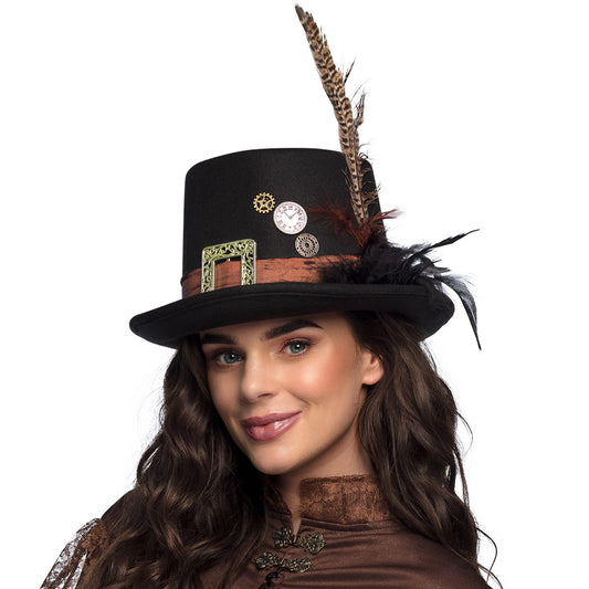 Haut de Forme Steampunk Noir Deluxe avec Plume et Accessoires