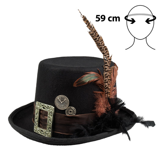 Haut de Forme Steampunk Noir Deluxe avec Plume et Accessoires