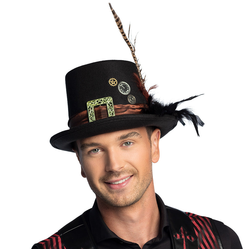 Haut de Forme Steampunk Noir Deluxe avec Plume et Accessoires