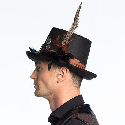 Haut de Forme Steampunk Noir Deluxe avec Plume et Accessoires