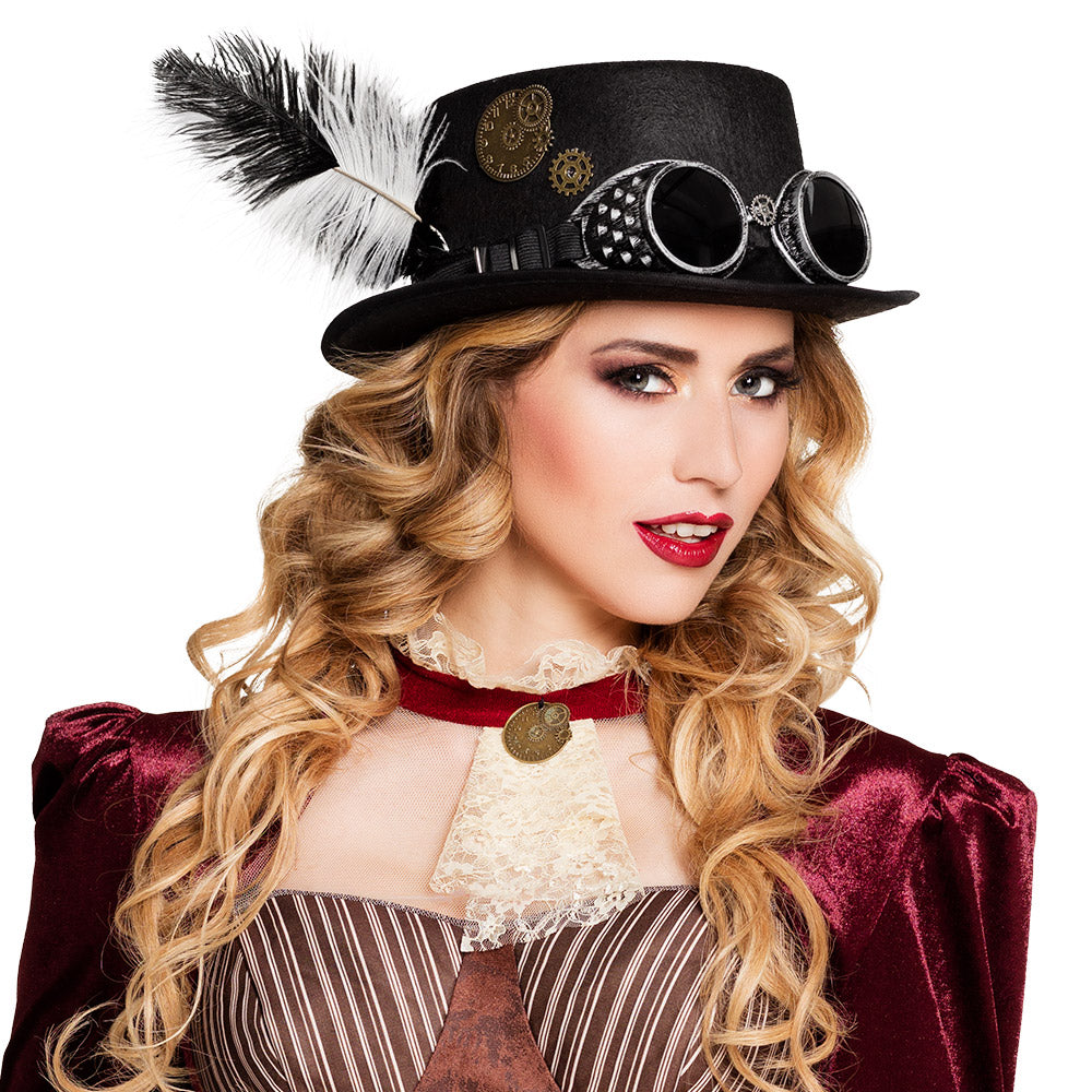 Chapeau Haut de Forme Steampunk Noir avec Lunettes Party