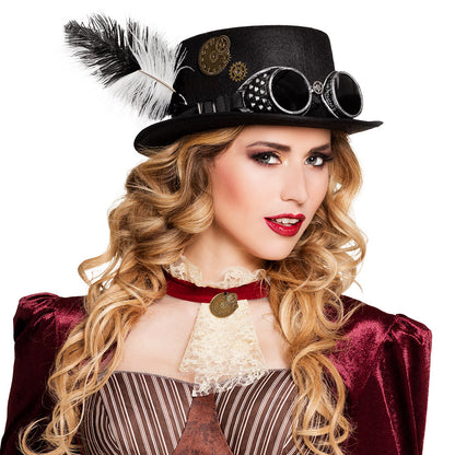 Chapeau Haut de Forme Steampunk Noir avec Lunettes Party
