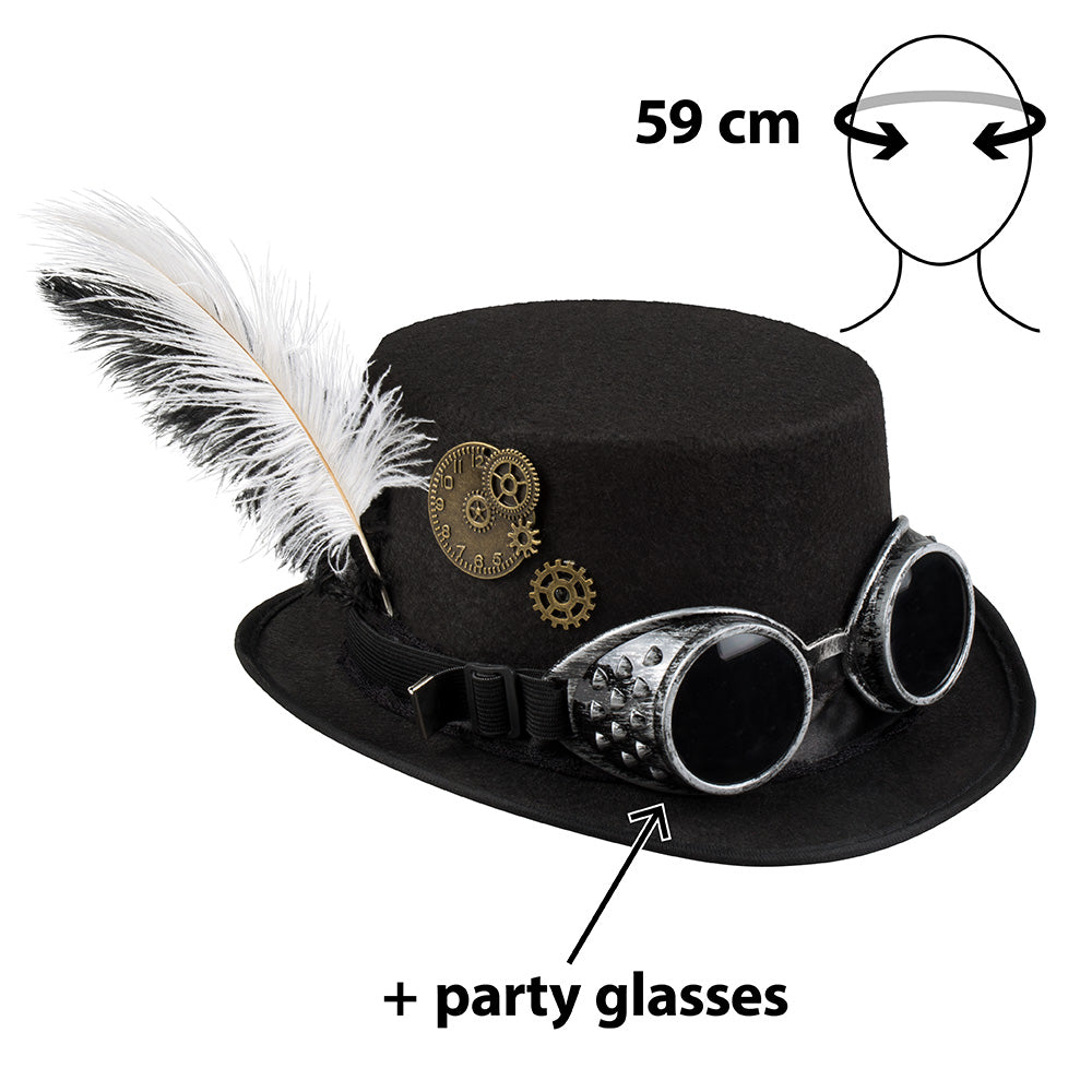 Chapeau Haut de Forme Steampunk Noir avec Lunettes Party