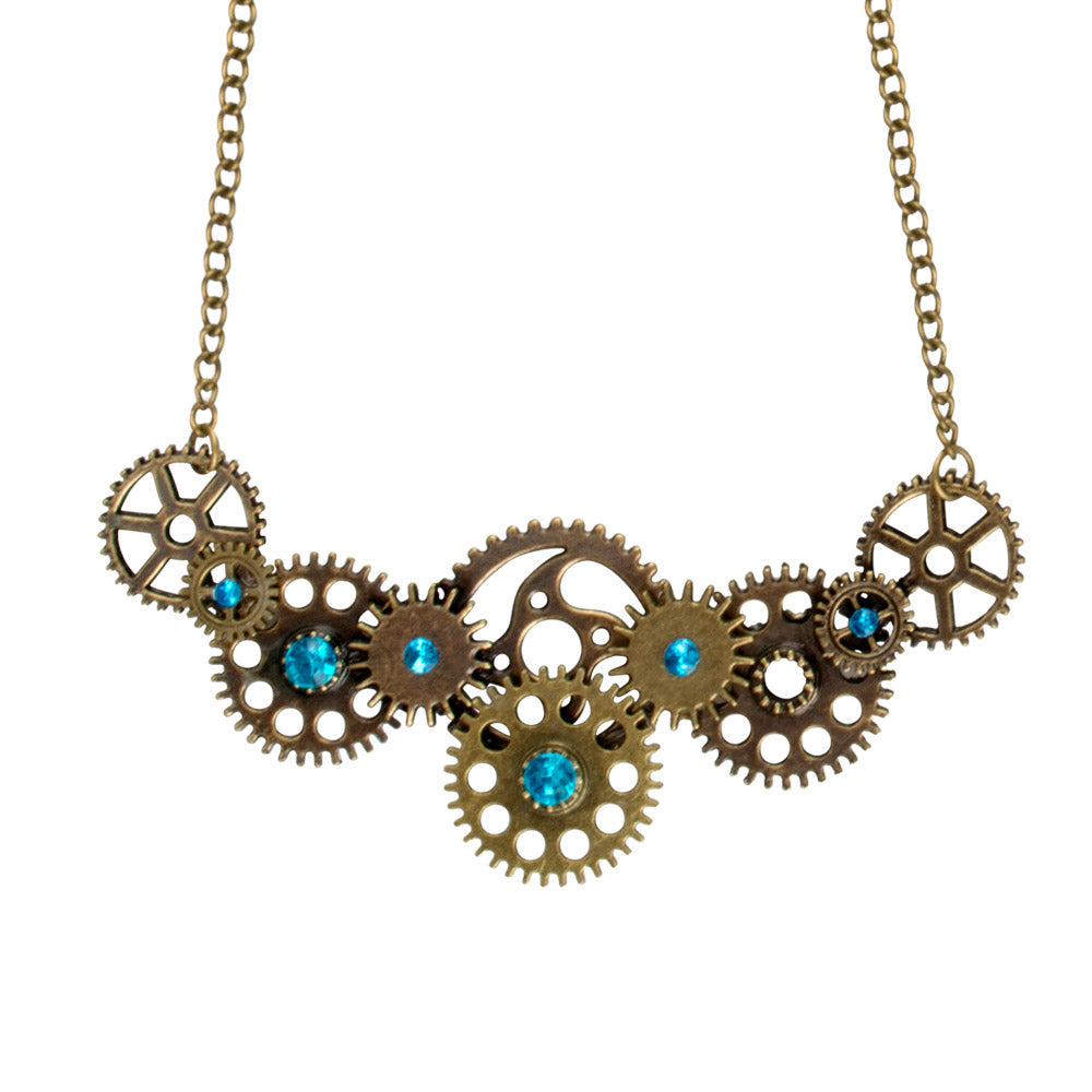 Collier Steampunk Engrenages Bleus - Accessoire Vintage Rétro