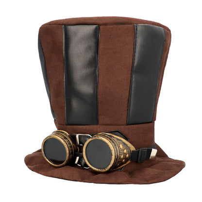 Haut de Forme Steampunk Marron avec Lunettes Dorées
