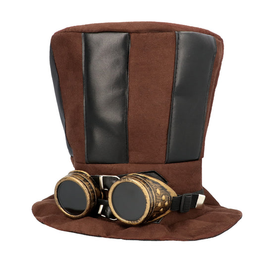 Haut de Forme Steampunk Marron avec Lunettes Dorées