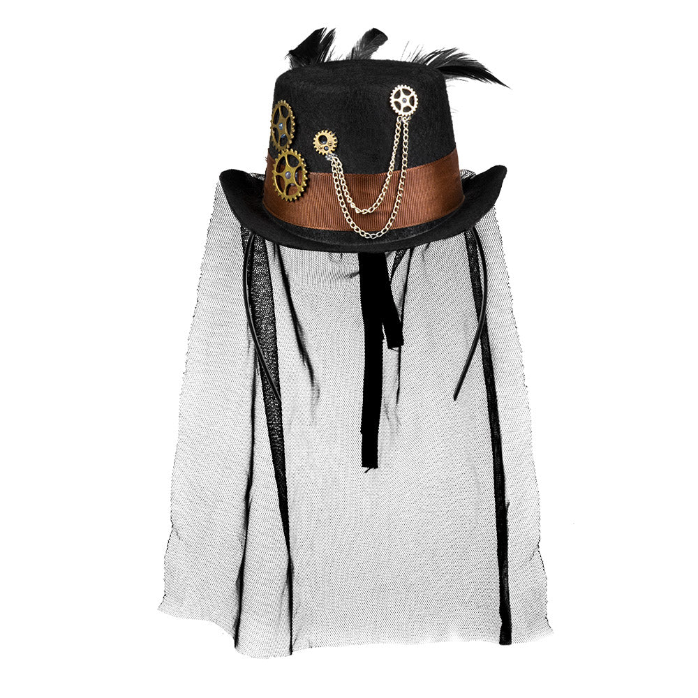 Chapeau Steampunk Noir avec Voile - Accessoire Déguisement