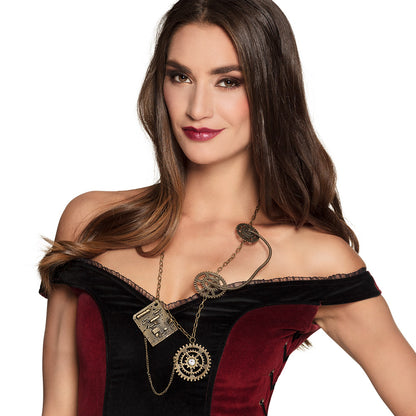 Collier Steampunk Chaîne Engrenages et Cadenas Doré