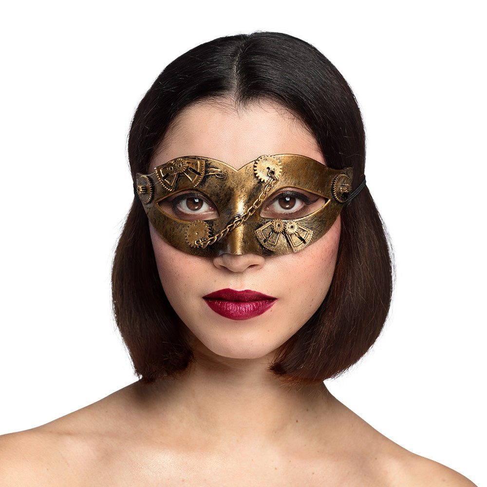 Masque Steampunk Doré avec Engrenages - Loup de Soirée