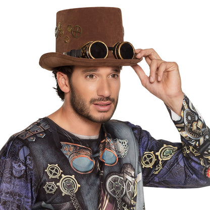 Chapeau Haut de Forme Steampunk Marron avec Lunettes Intégrées