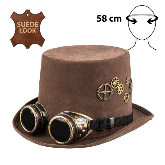 Chapeau Haut de Forme Steampunk Marron avec Lunettes Intégrées