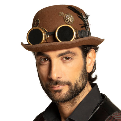 Chapeau Steampunk Marron avec Lunettes Cuivre Dorées