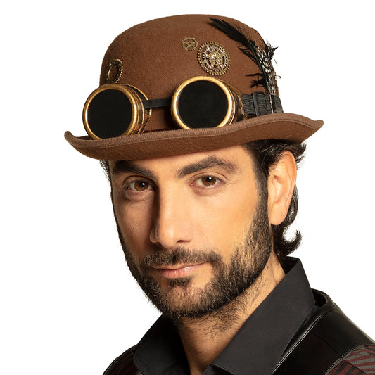 Chapeau Steampunk Marron avec Lunettes Cuivre Dorées