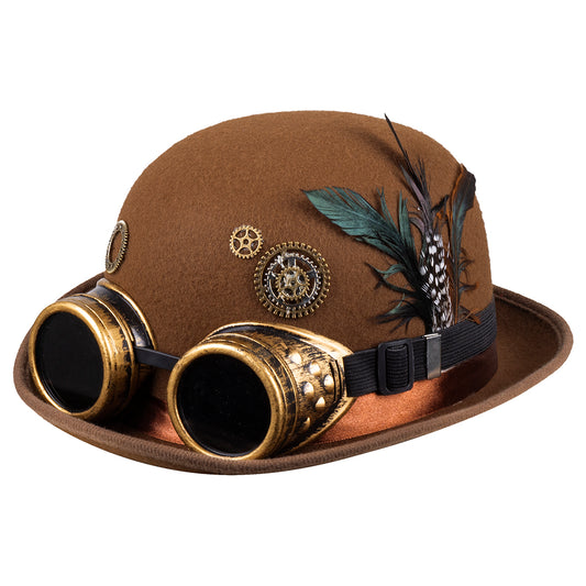 Chapeau Steampunk Marron avec Lunettes Cuivre Dorées