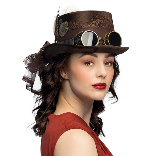 Chapeau Steampunk Marron avec Lunettes Party et Accessoires