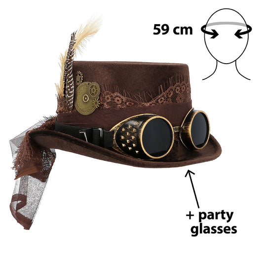 Chapeau Steampunk Marron avec Lunettes Party et Accessoires