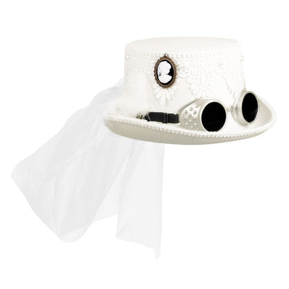 Chapeau Steampunk Blanc avec Lunettes Goggles et Camée