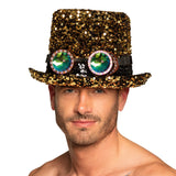 Haut de forme paillettes or avec lunettes LED steampunk