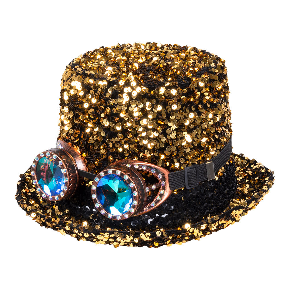 Haut de forme paillettes or avec lunettes LED steampunk