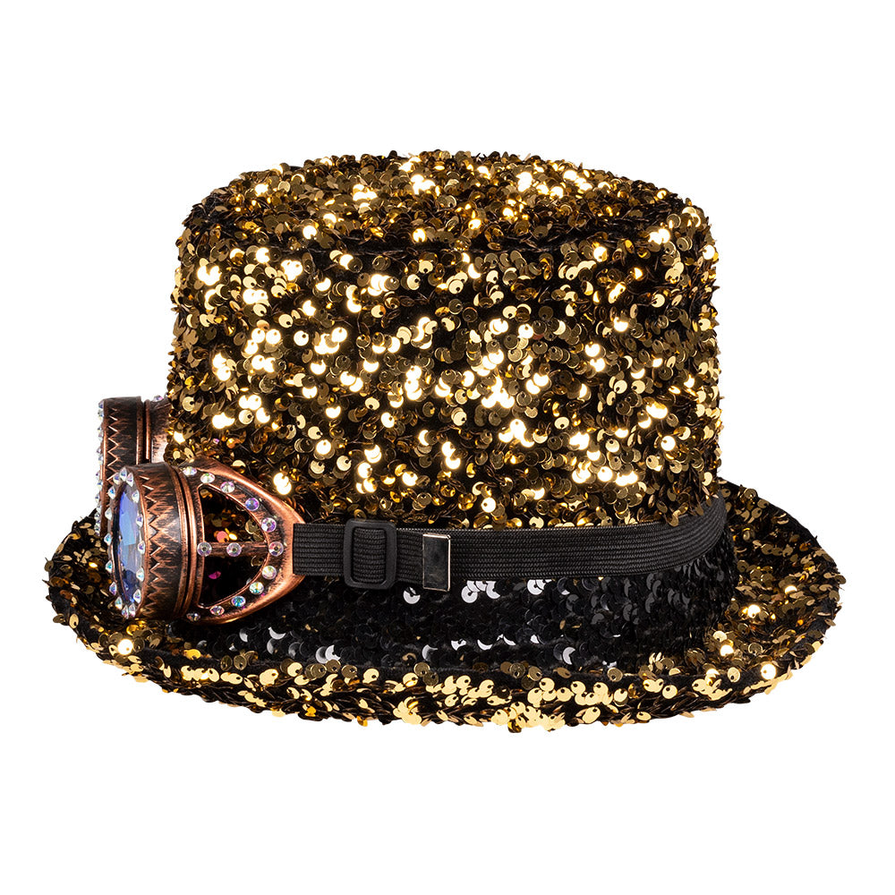 Haut de forme paillettes or avec lunettes LED steampunk