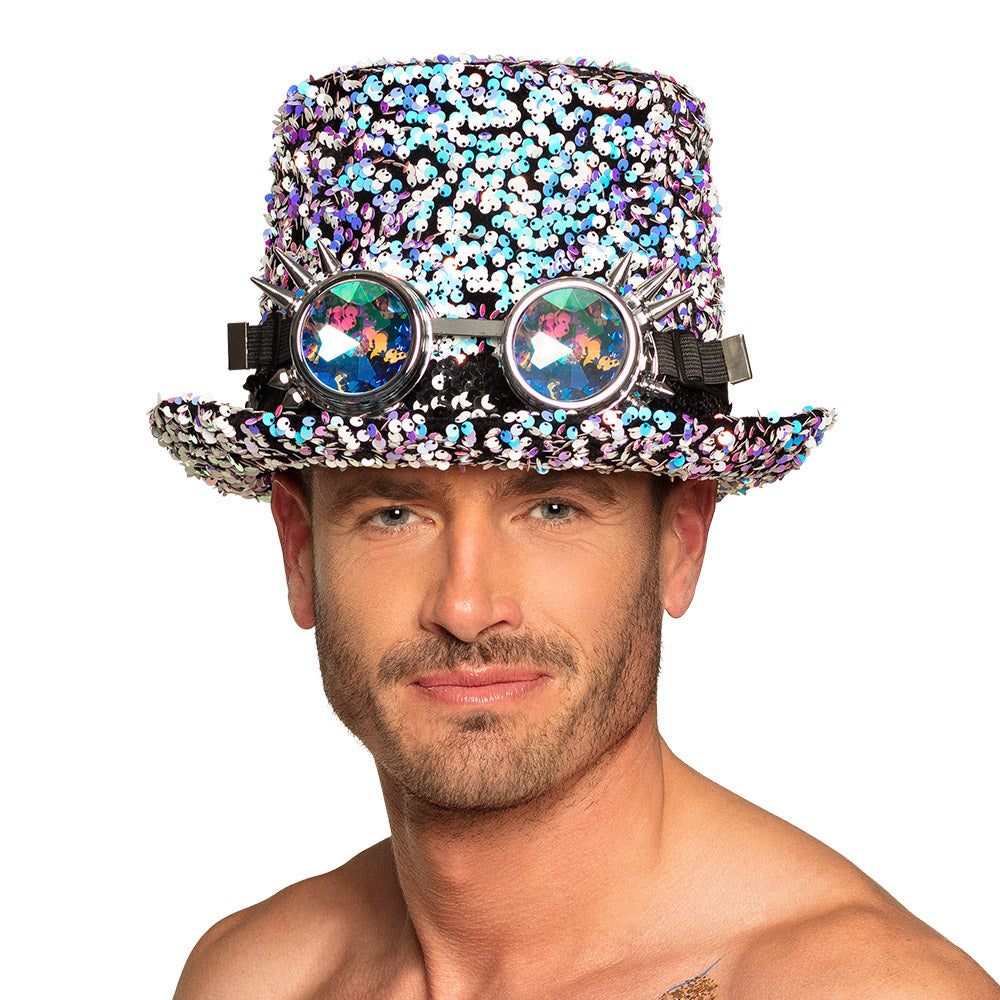 Chapeau Haut de Forme Paillettes Multicolores avec Lunettes Steampunk