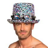 Chapeau Haut de Forme Paillettes Multicolores avec Lunettes Steampunk