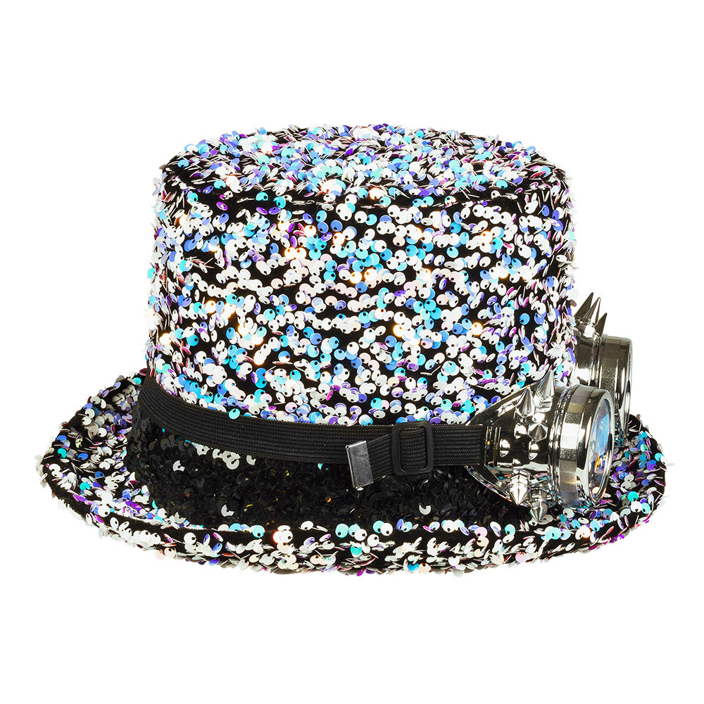 Chapeau Haut de Forme Paillettes Multicolores avec Lunettes Steampunk