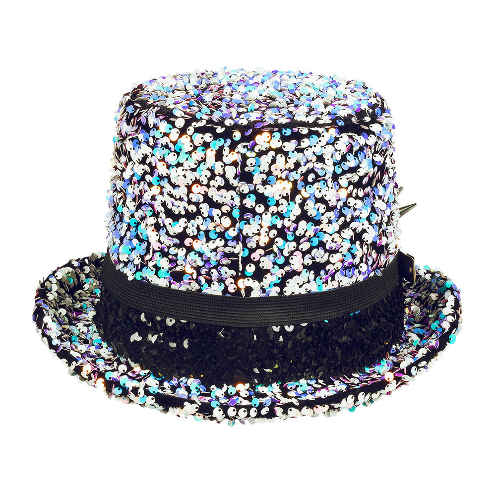 Chapeau Haut de Forme Paillettes Multicolores avec Lunettes Steampunk