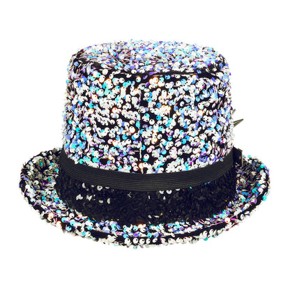 Chapeau Haut de Forme Paillettes Multicolores avec Lunettes Steampunk