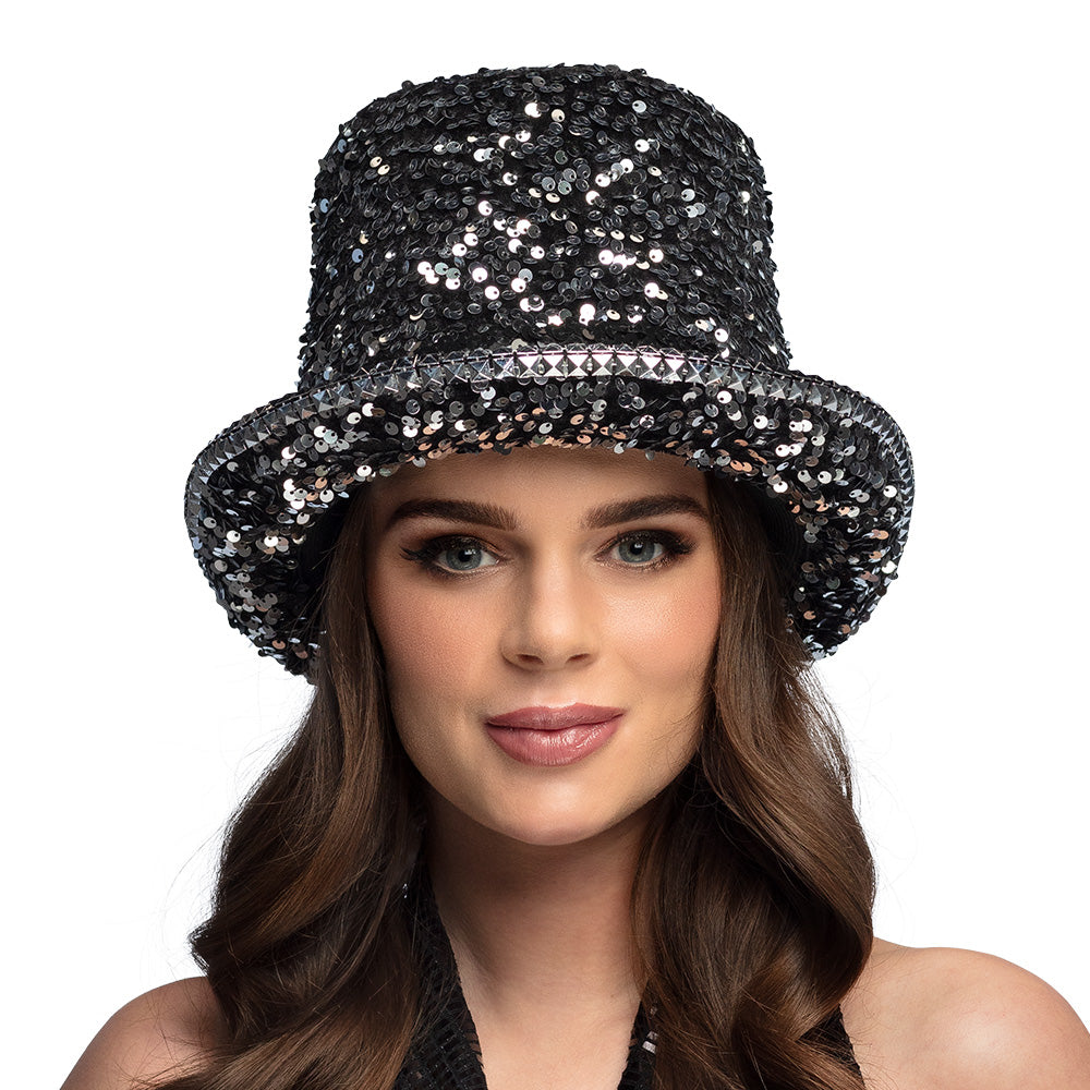 Chapeau Haut de Forme Paillettes Noir et Argent - Costume Disco