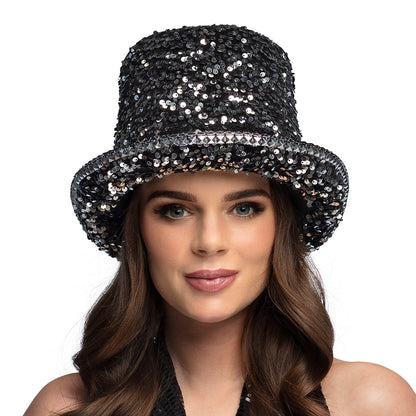 Chapeau Haut de Forme Paillettes Noir et Argent - Costume Disco
