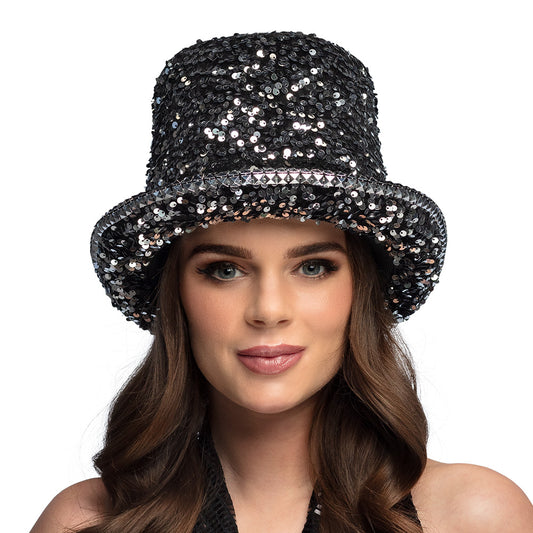 Chapeau Haut de Forme Paillettes Noir et Argent - Costume Disco