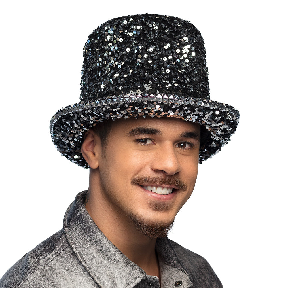 Chapeau Haut de Forme Paillettes Noir et Argent - Costume Disco