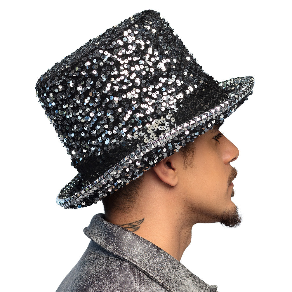 Chapeau Haut de Forme Paillettes Noir et Argent - Costume Disco