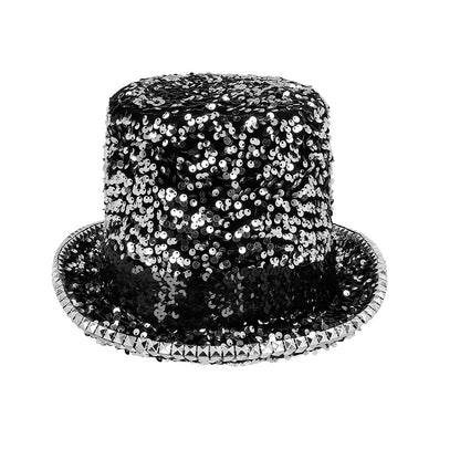 Chapeau Haut de Forme Paillettes Noir et Argent - Costume Disco