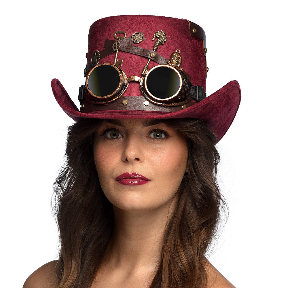 Chapeau Steampunk Cowboy Bordeaux avec Lunettes Goggles