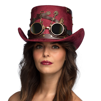 Chapeau Steampunk Cowboy Bordeaux avec Lunettes Goggles