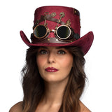 Chapeau Steampunk Cowboy Bordeaux avec Lunettes Goggles