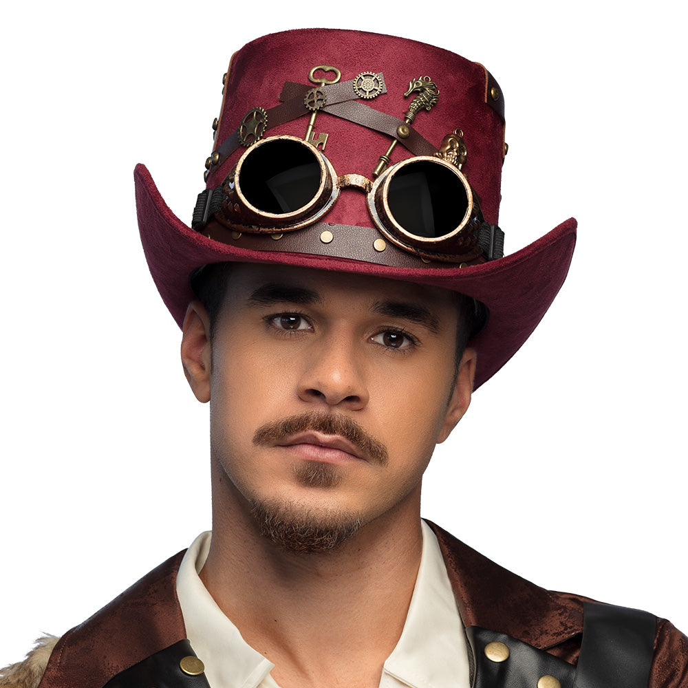 Chapeau Steampunk Cowboy Bordeaux avec Lunettes Goggles