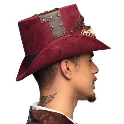 Chapeau Steampunk Cowboy Bordeaux avec Lunettes Goggles
