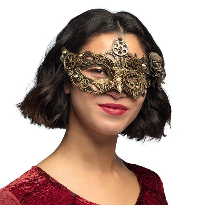 Masque Steampunk Doré avec Engrenages et Rose