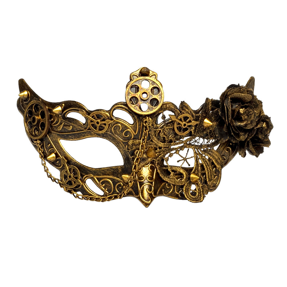 Masque Steampunk Doré avec Engrenages et Rose
