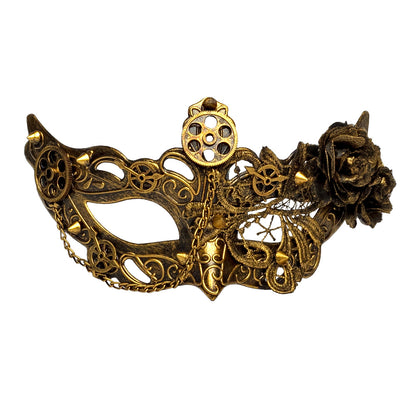 Masque Steampunk Doré avec Engrenages et Rose