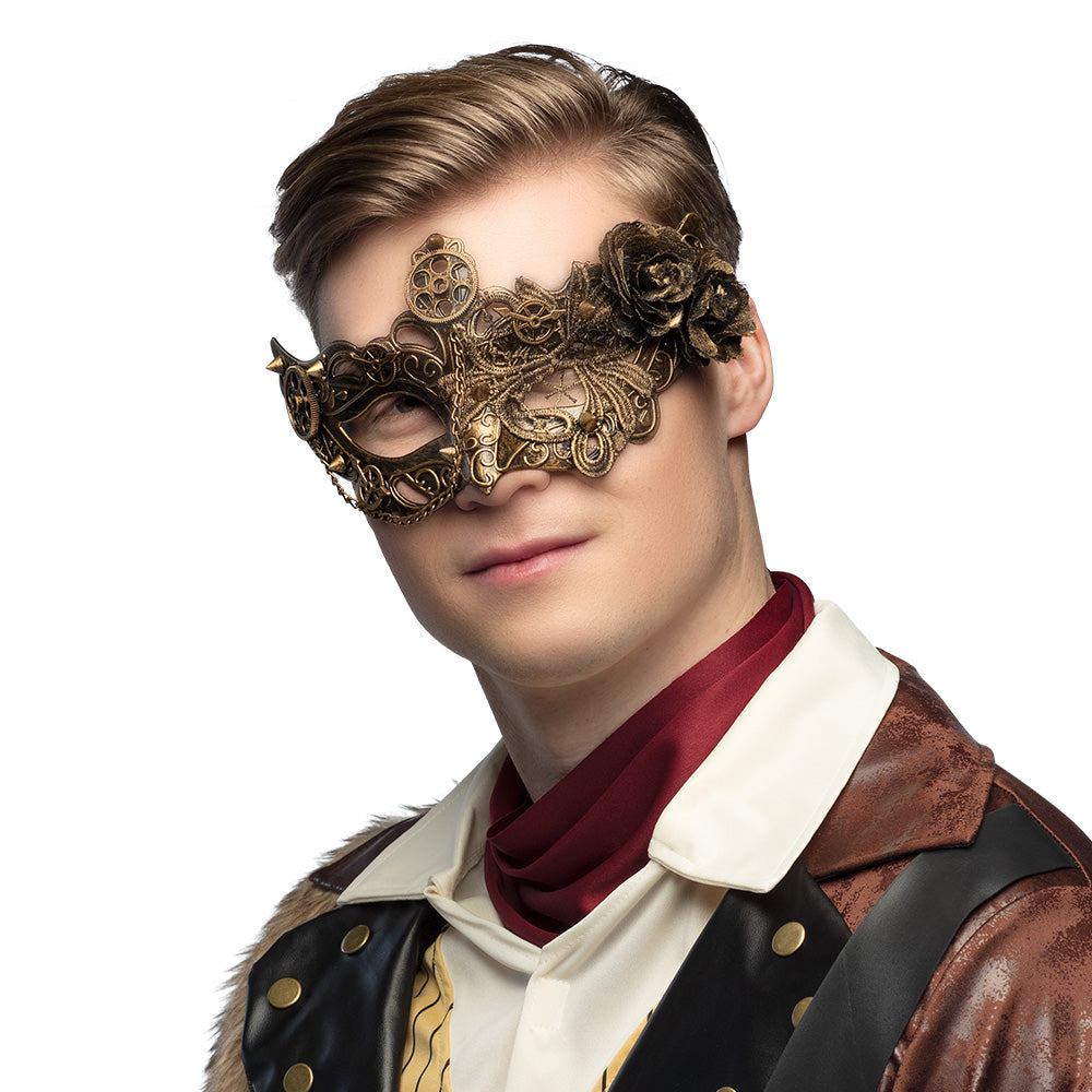 Masque Steampunk Doré avec Engrenages et Rose