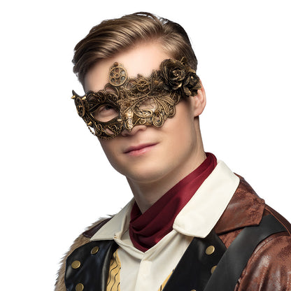 Masque Steampunk Doré avec Engrenages et Rose